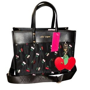 BETSEY JOHNSON LARGE BLACK EMBROIDERED PINK & RED CHERRIES TOTE CHERRY CHARM NWT
